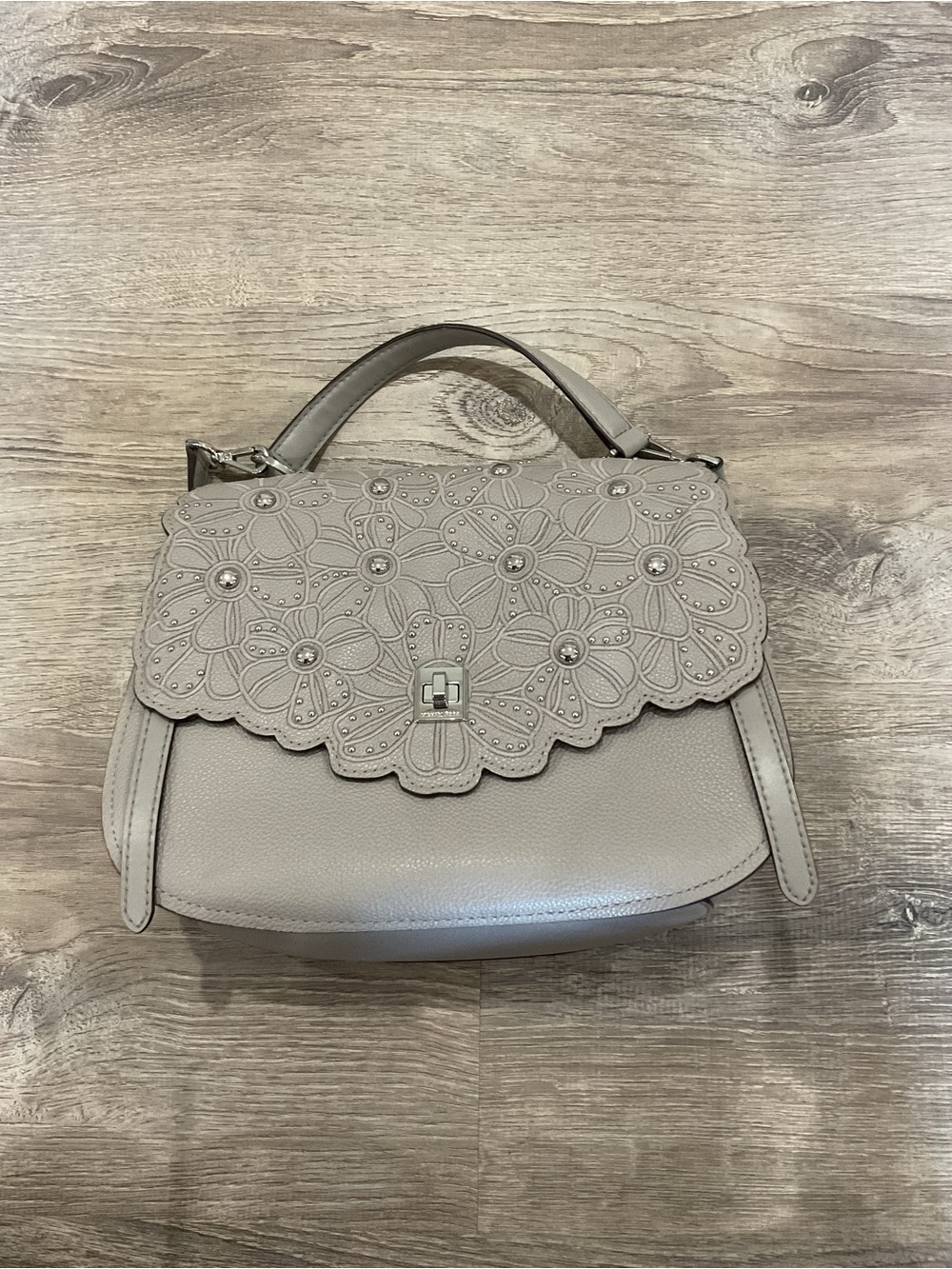 Michael Kors Floral Applique Top Handle Satchel in Light Taupe